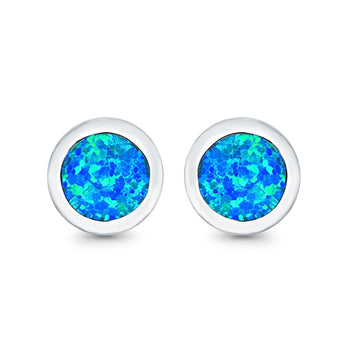 Round Stud Earrings Lab Created Blue Opal 925 Sterling Silver (7mm)